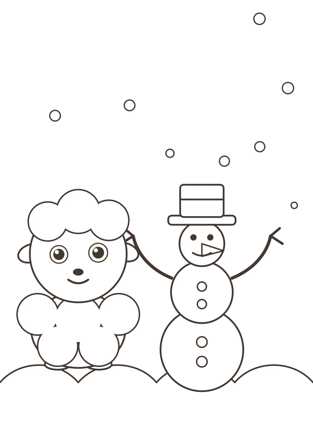 sheep and snowman Christmas colouring page