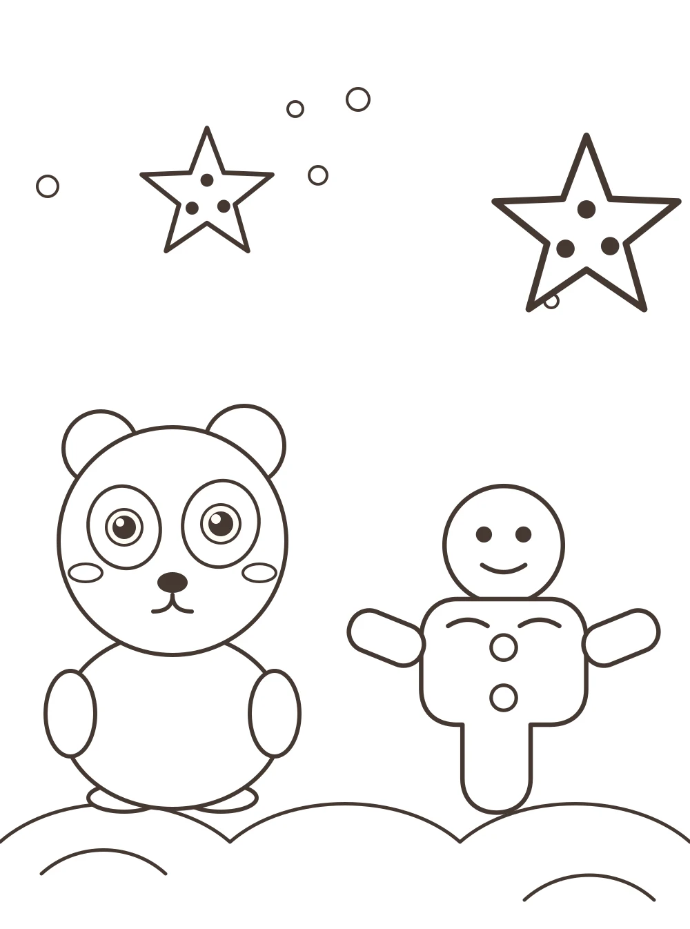 panda and gingerbread man Christmas colouring page