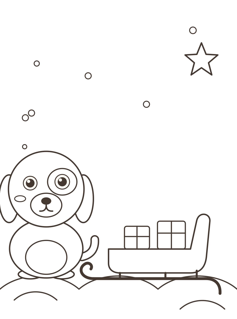 dog with santa's sleigh Christmas colouring page