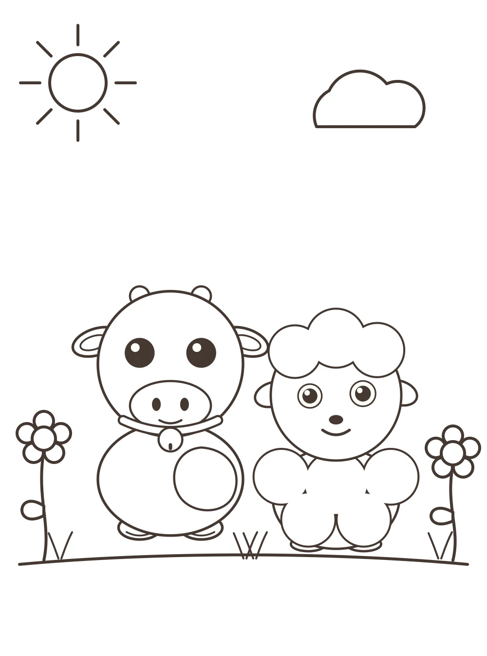 cow and sheep colouring page