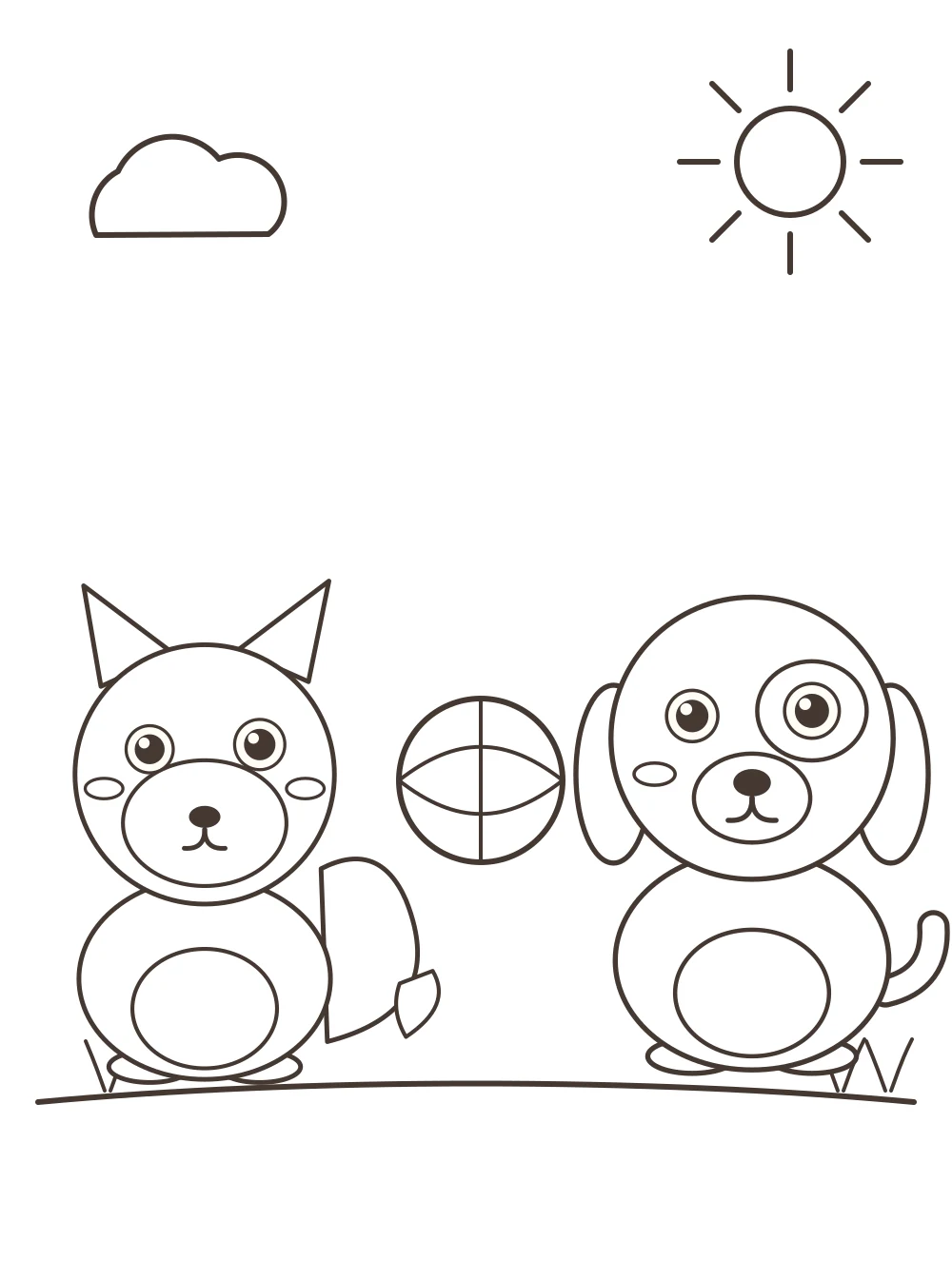 fox and dog with a ball colouring page