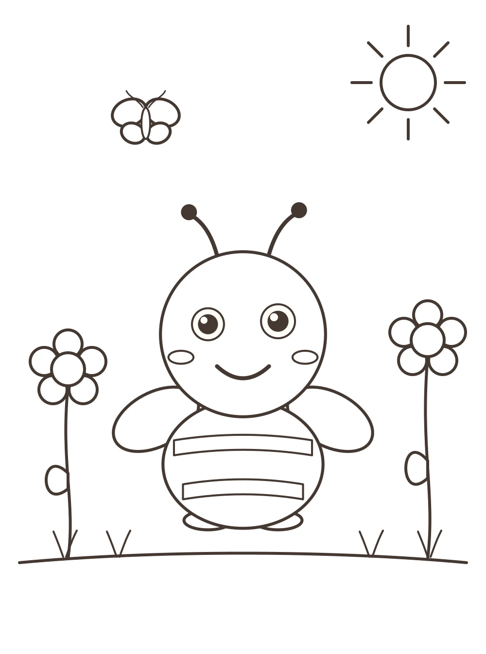 bee and flowers colouring page