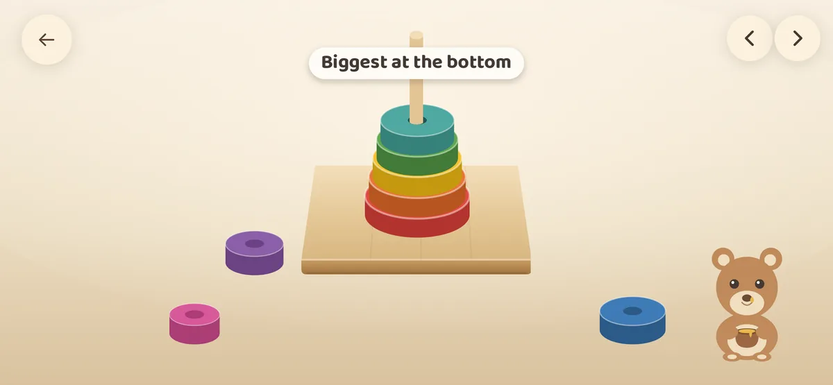 Bead Stacks — Wooden pegs and coloured rings, round after round: colour, pyramid, size, pattern, counting.