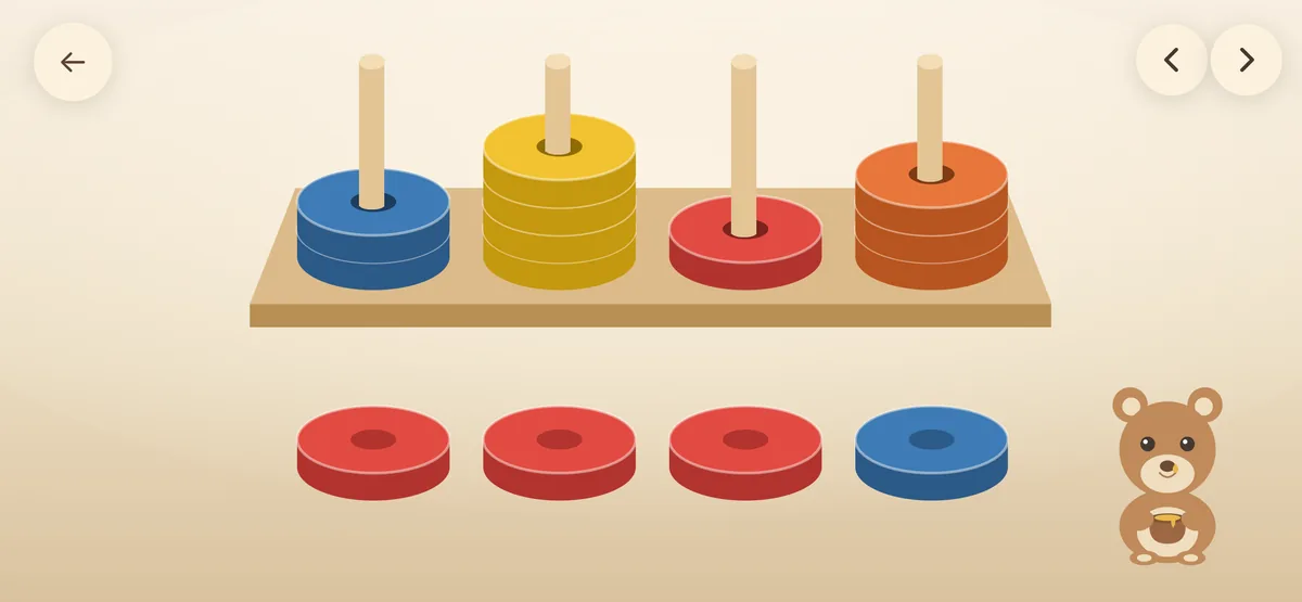 Four pegs holding stacks of blue, yellow, red and orange rings