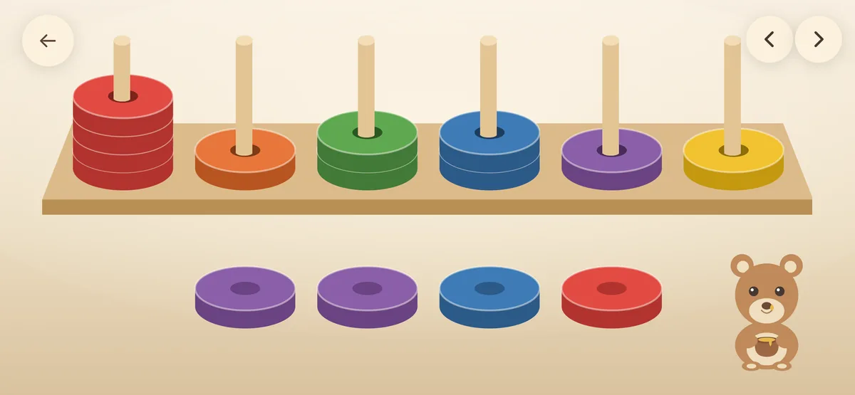 Six pegs in a row with different numbers of rings on each