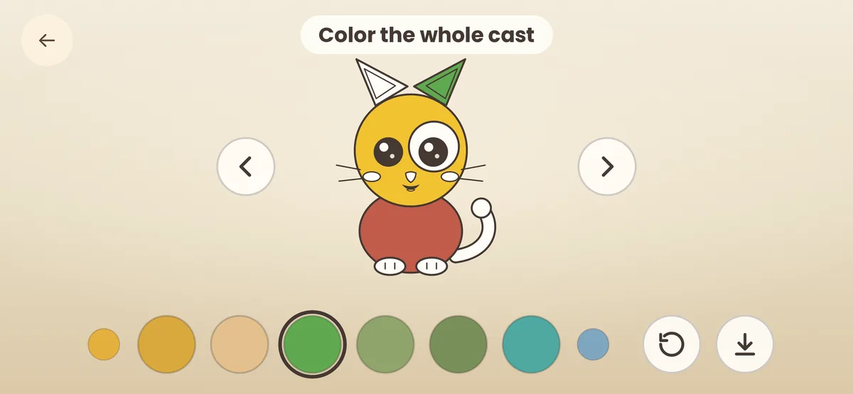 Colouring — Fifty-seven outline pictures in one gallery, a big easy palette, and a save button.