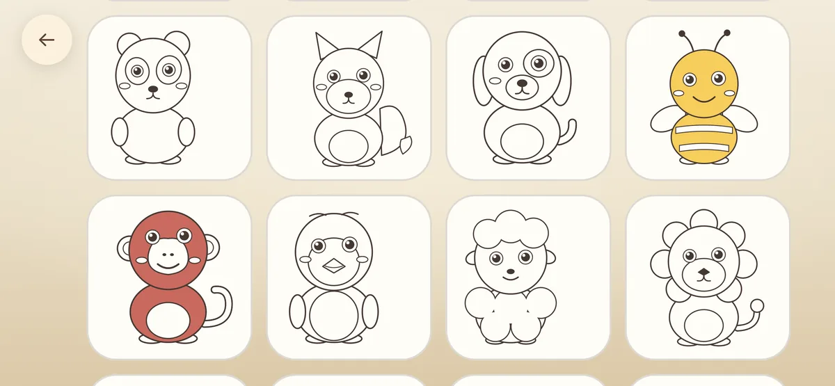 The picture grid with a bee and a monkey already coloured in