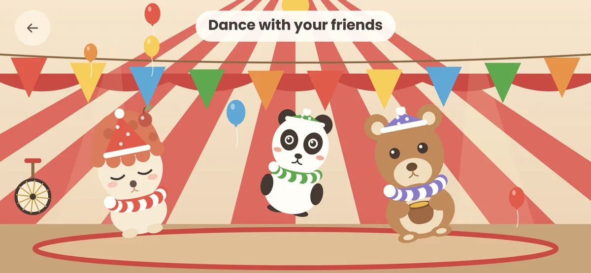 Three animals in party hats dancing on a circus stage in PlayKiko