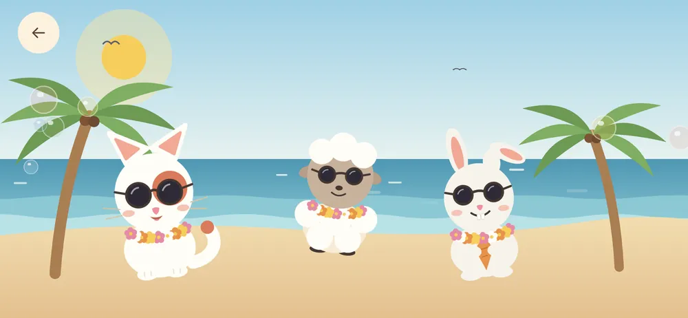 Animals in sunglasses and flower leis dancing between palm trees