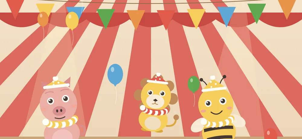A pig, a monkey and a bee in party hats on a circus stage