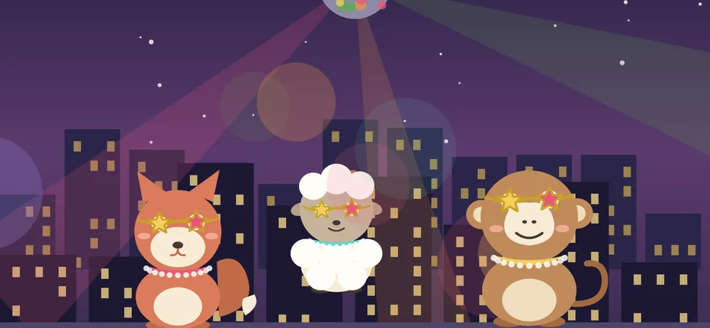Friends in star glasses under a disco ball above a night city