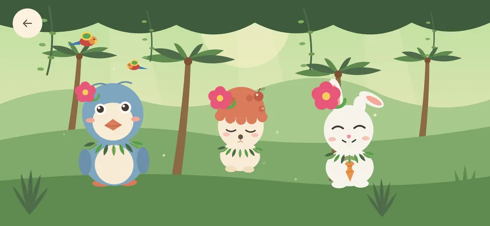 Animals with flowers and leaves dancing among bamboo