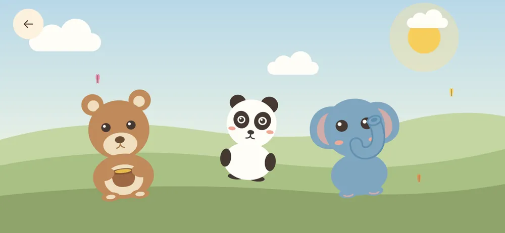 A bear, a panda and an elephant dancing on green hills