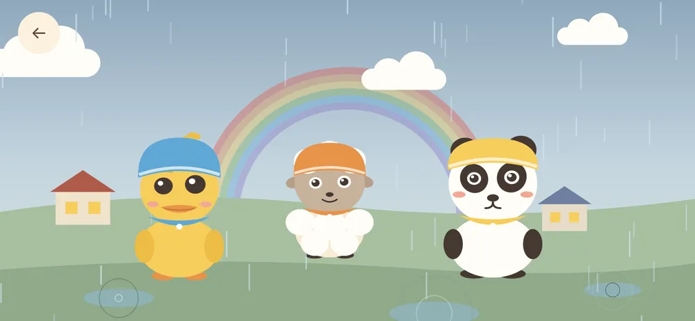 Animals in raincoats dancing in the rain under a rainbow