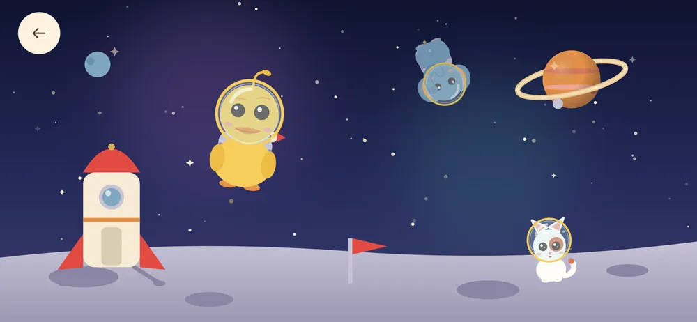 Friends in spacesuits floating near a rocket on the moon