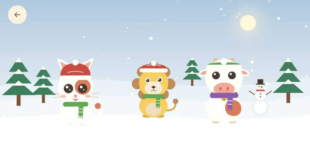 Friends in hats and scarves dancing in the snow beside a snowman