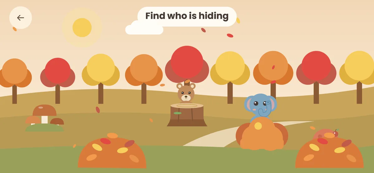 An autumn forest where a bear and an elephant are hiding