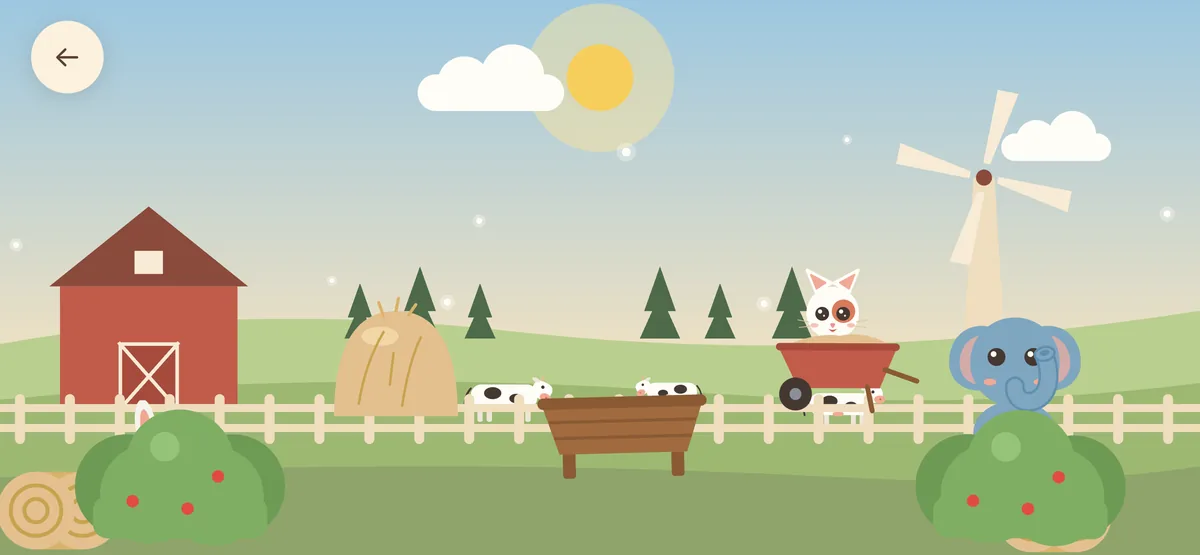 A farm with a red barn and a windmill, a cat hiding in a wheelbarrow
