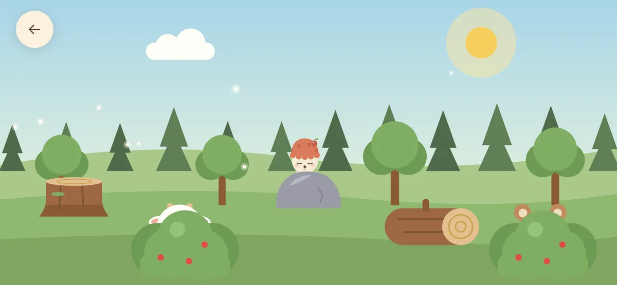 A sunny clearing among pine trees with animals hiding behind bushes and a log
