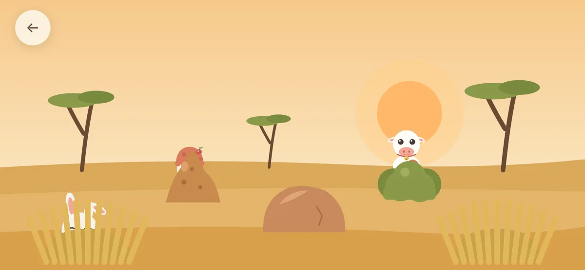 A warm savannah with acacia trees where a cow and a rabbit are hiding