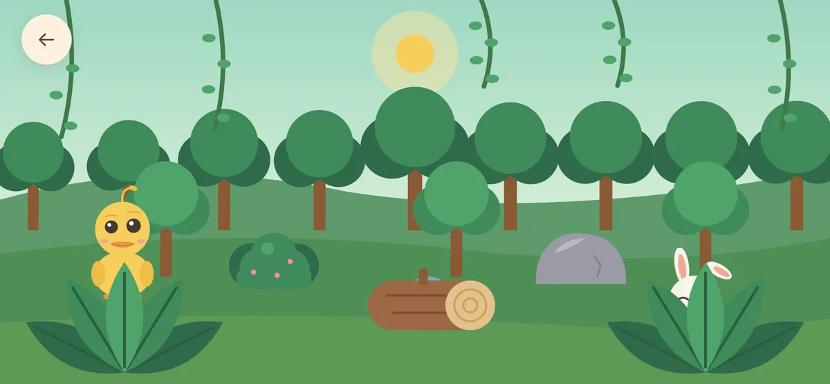 A green forest with a duckling by the leaves and rabbit ears behind a bush