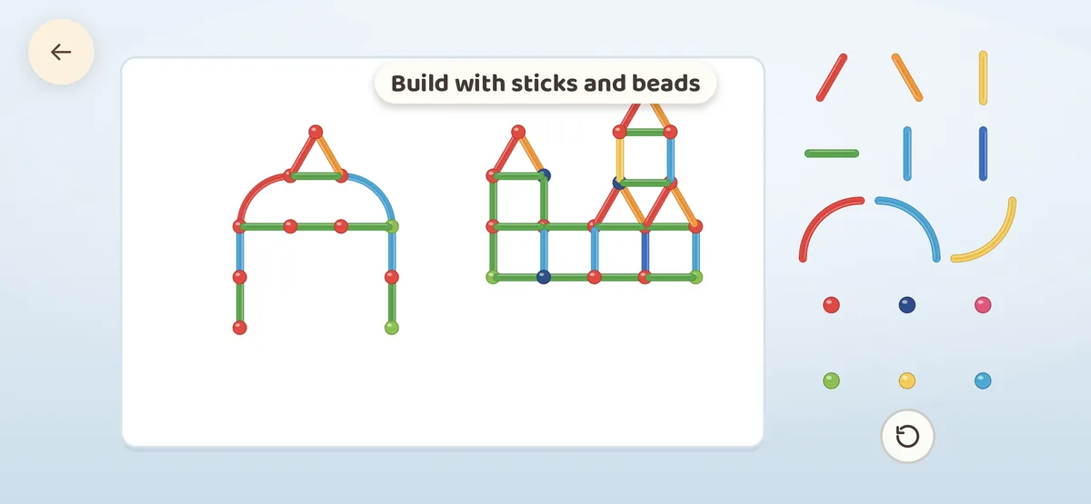 Magnetic Builder — Five levels of sticks and spheres, from following a pattern to a free sandbox.
