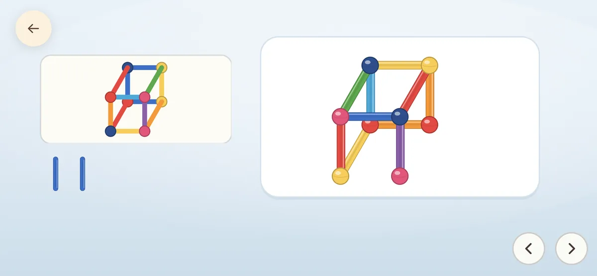 A small card showing a shape built from sticks and beads, and the larger copy being built