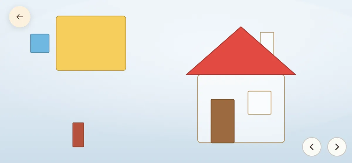 A house made of flat shapes with a square, a rectangle and a door waiting to be placed