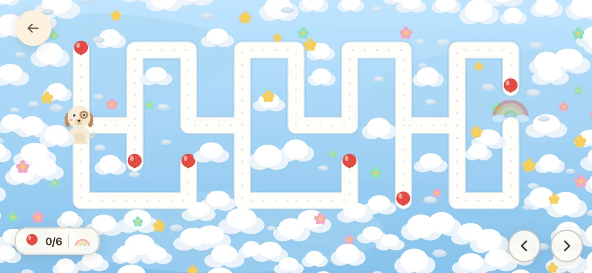 A maze among clouds where a puppy collects red balloons