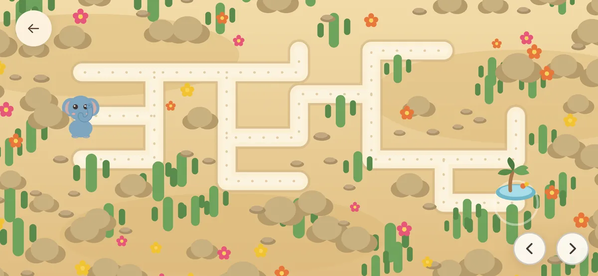 A sandy maze where an elephant walks towards an oasis with a palm tree
