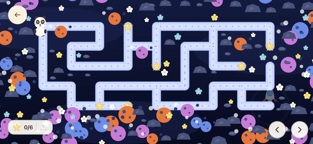A maze in space where a panda collects stars on the way to a rocket