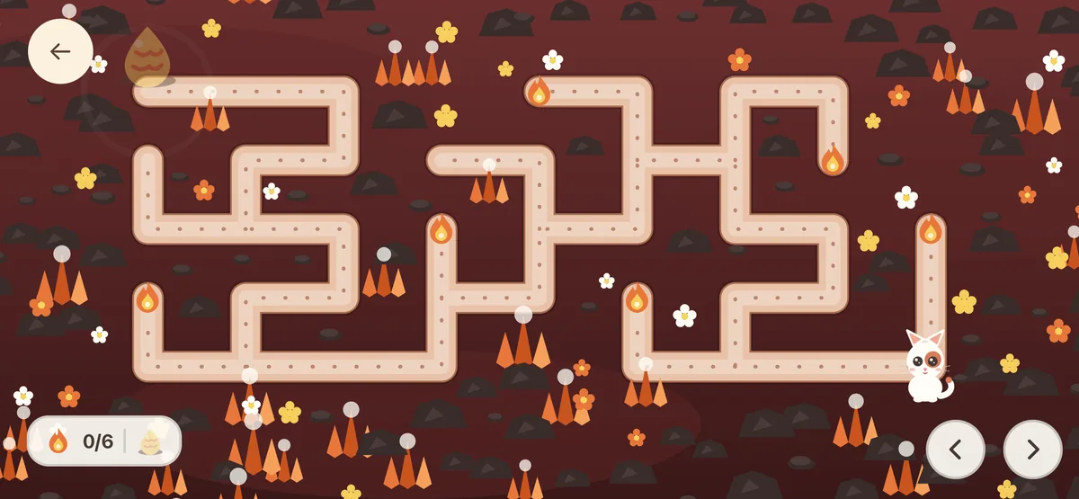 A maze through dark volcanic rock where a cat collects little flames
