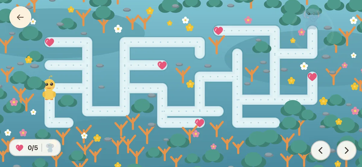 A cool blue maze where a duckling collects hearts among orange trees