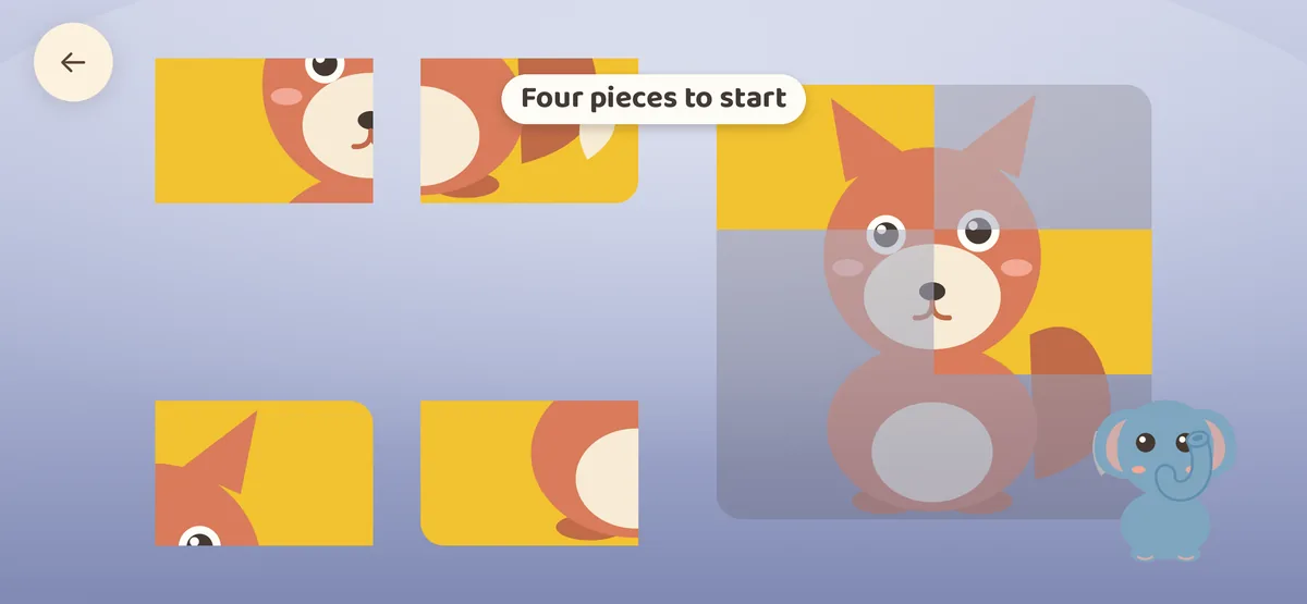 Mosaic — Three levels of picture puzzles, from six pieces up to fifteen.