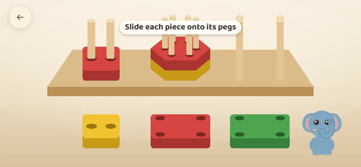 Shape Sorter — Slide wooden pieces onto their pegs and build colourful stacks.