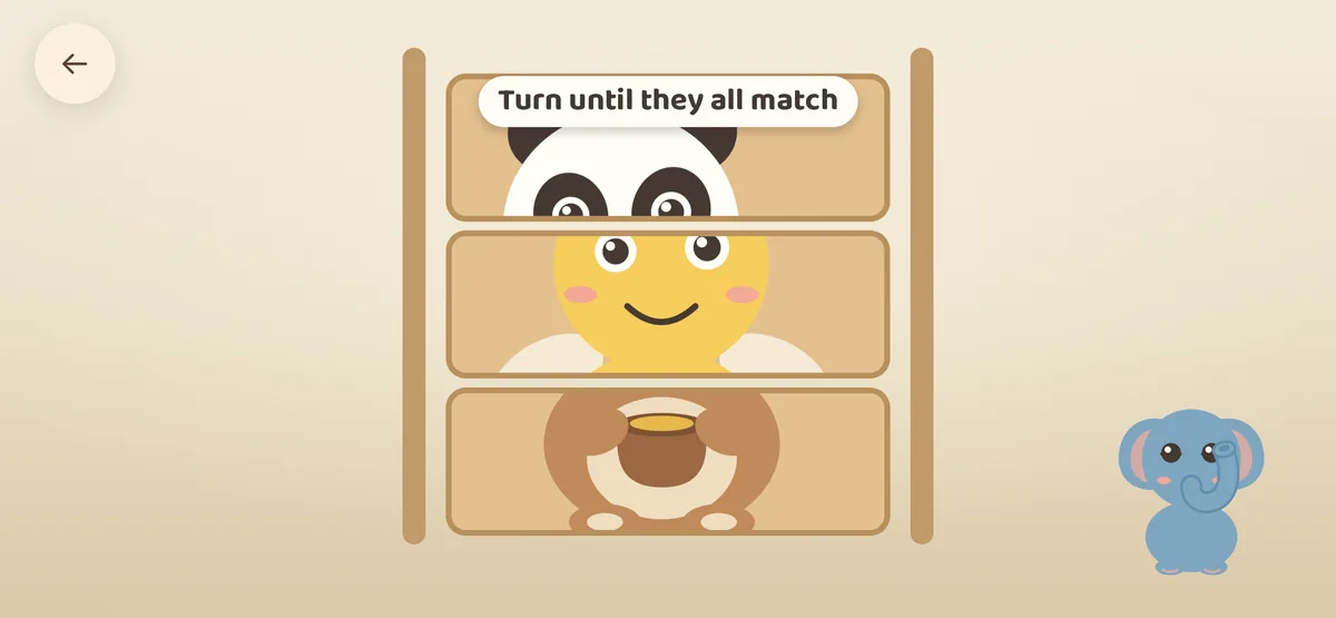 Turning Cubes — Three wooden cubes on a rod, turned one by one until all three show the same friend.